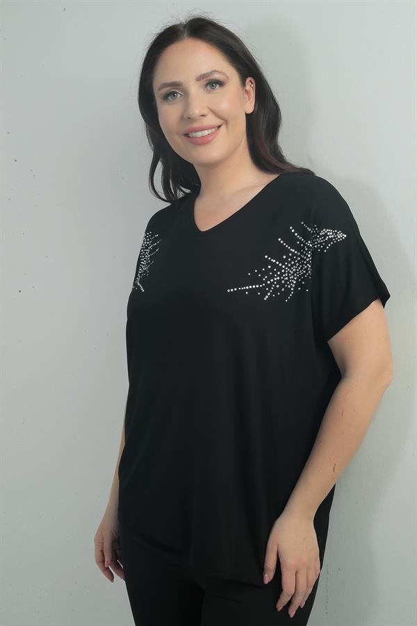 Women's Shoulder Stone Print V-Neck Batwing Sleeve BB Blouse