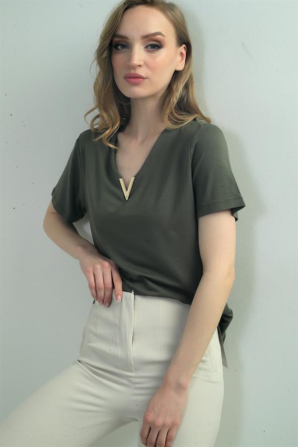 V-Neck Short-Sleeve Blouse with V-Embellished Accessories