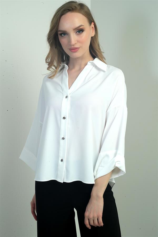 Kadın Polo Yaka Yarım Duble Kollu Arkası Körüklü Krep Saten Bluz