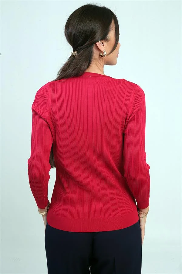 Kadın V Yaka Taş Baskı Detaylı Fitilli Triko Bluz