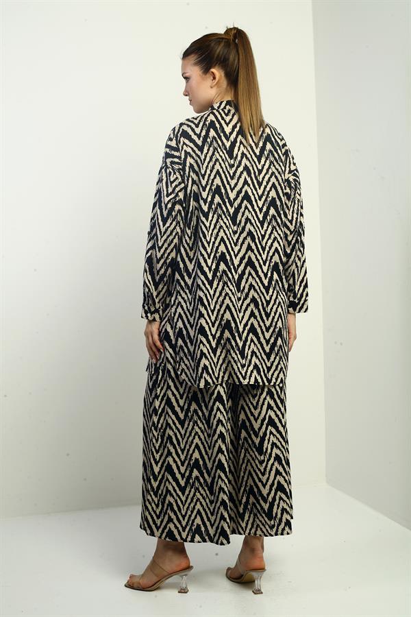 Women's Side Slit Tunic Shirt, Elastic Waist Palazzo Pants, Zigzag Pattern Oversize 2-Piece Set