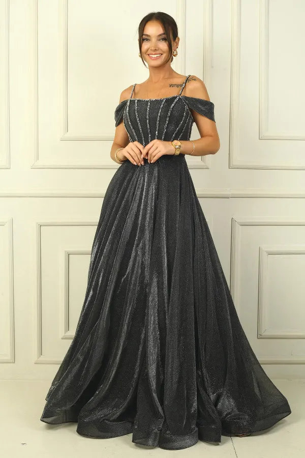 Strappy Low Sleeve Beaded Detailed Lined Glittery Long Dress