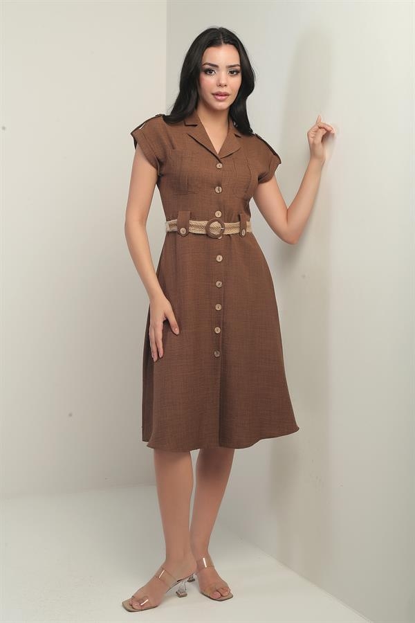 Women's Collared, Off-Shoulder, Double-Pocket, Belted Linen-Effect Dress