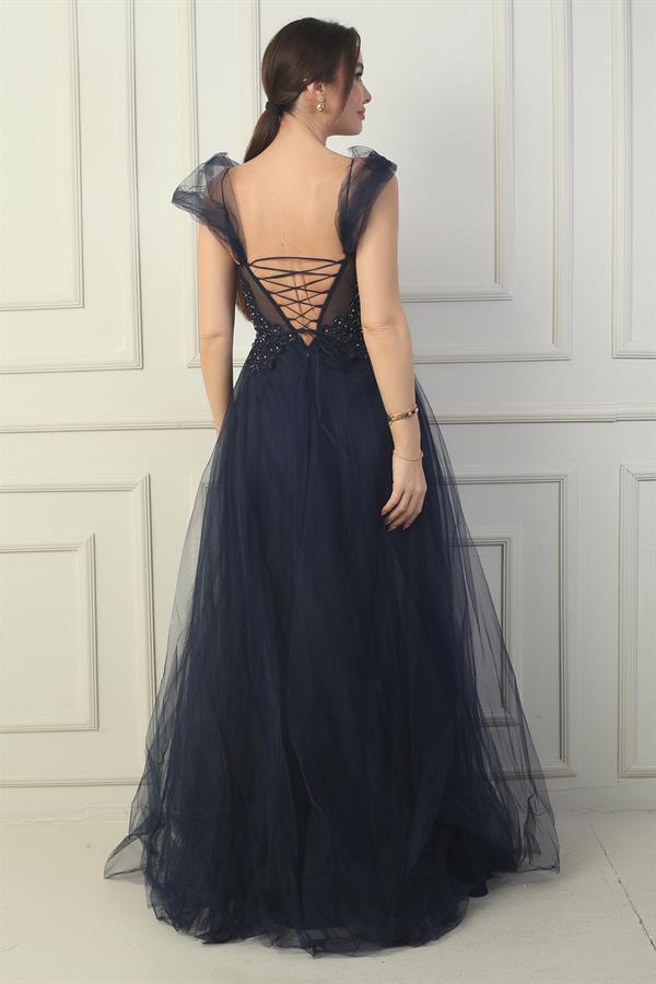 Kadın Ön Arka V Yaka Astarlı Düşük Kollu Üstü Aplike İşleme Prenses Abiye Elbise