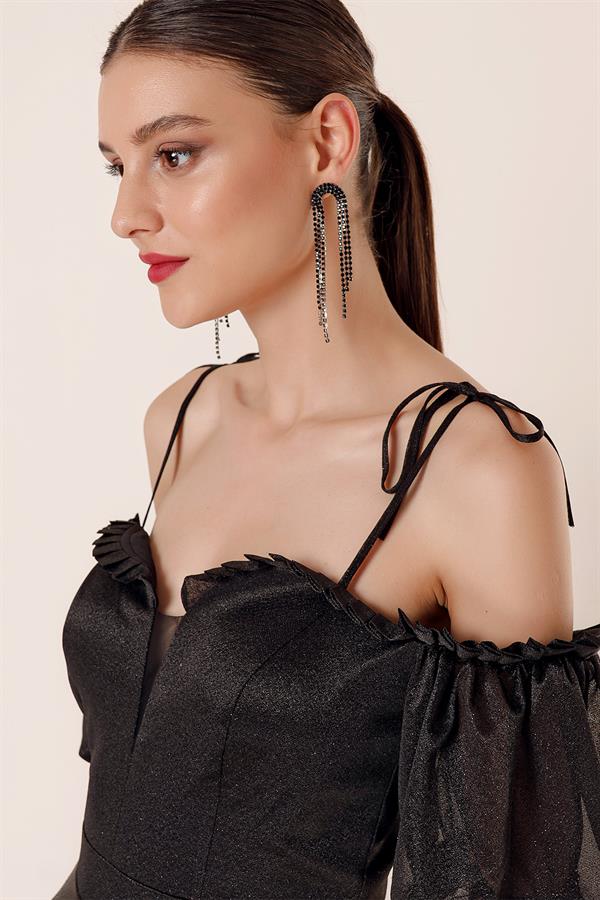 Long Dress with Pleated Neckline, Balloon Sleeves, Lined, and Glittery Embellishments.