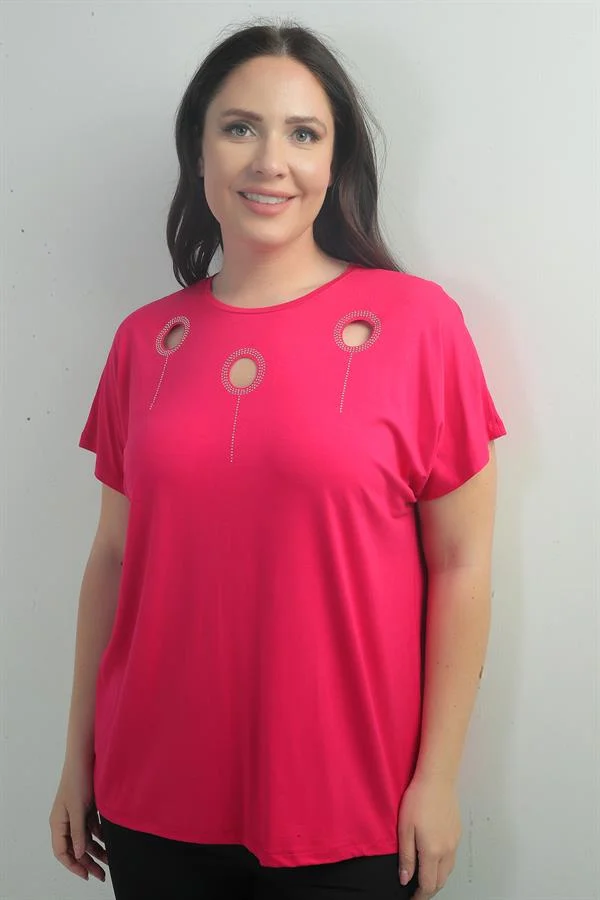 Kadın Omuzu Taş Baskılı Bisiklet Yaka Yarasa Kol B.B. Bluz