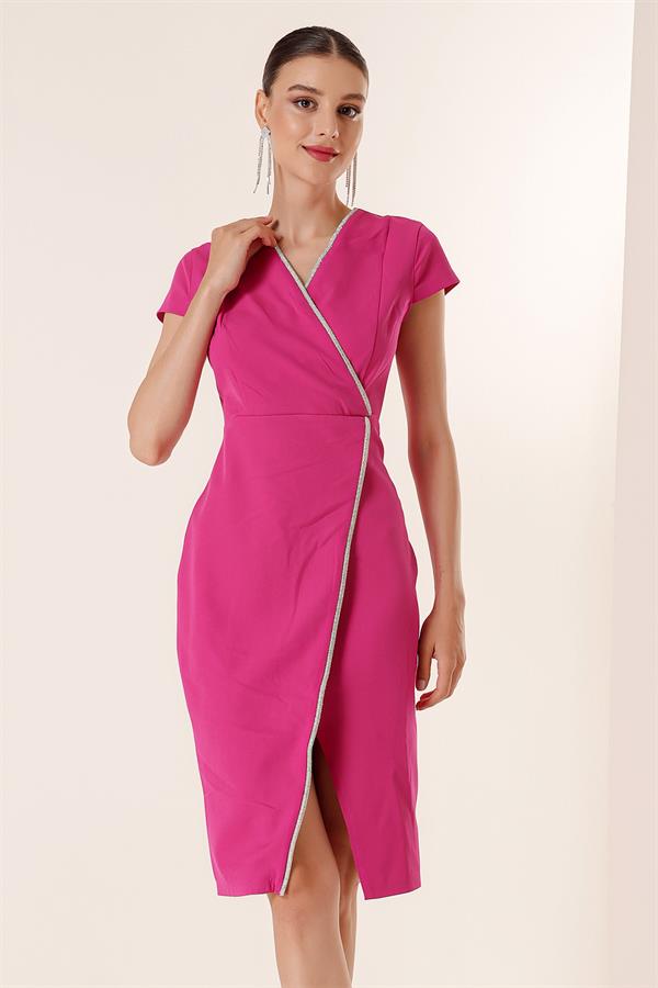 Wrap-neck, half-moon sleeve dress with stone details and front slit.