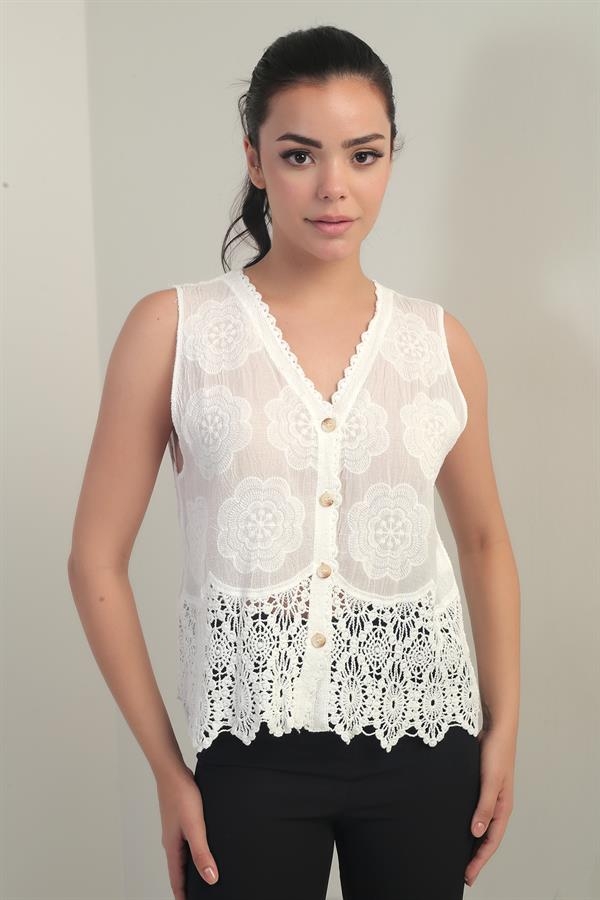 Women's V-Neck Buttoned Front Embroidered Lace Trim Vest