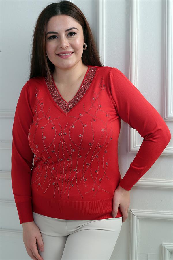 Women's V-Neck Front Stoned Cold Yarn Plus Size Knitwear Blouse