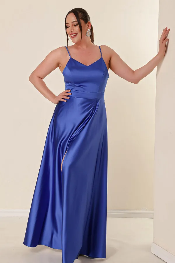 İp Askılı Astarlı Önden Yırtmaçlı Büyük Beden Uzun Saten Elbise