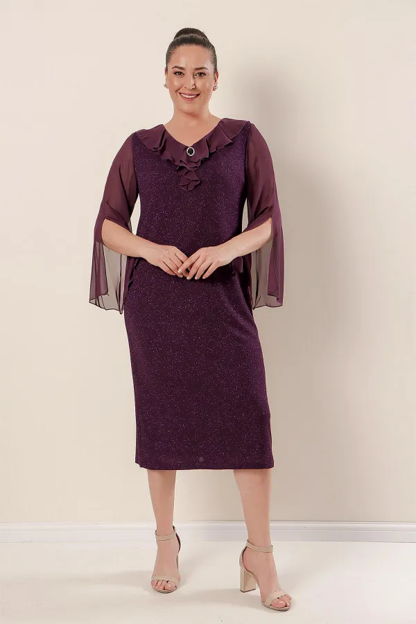 Yaka Ve Kollar Şifon Astarlı Likralı Simli Büyük Beden Elbise