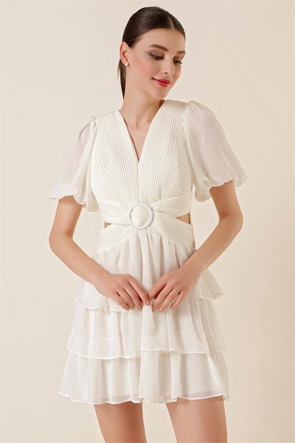 Bel Dekolteli Arkası Çapraz İpli Kat Kat Şifon Elbise