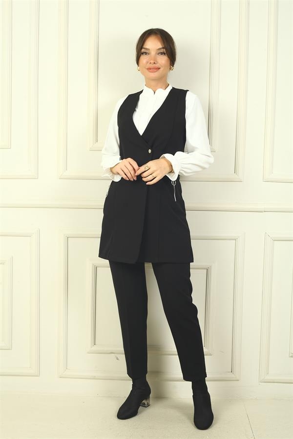 Women's Single Snap Zippered Pocket Long Vest Chiffon Shirt Elastic Waist Trousers 3-Piece Set