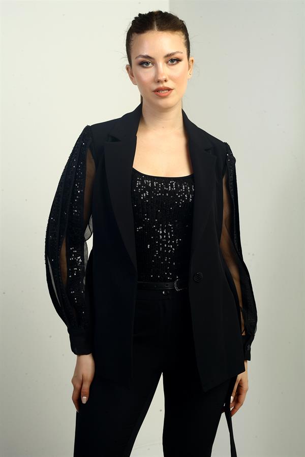 Women's Double-Breasted, Lined Jacket with Organza Sleeves and Sequin Belt.