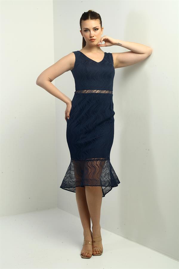 Women's V-Neck Lined Midi Lace Dress with Ruffled Skirt