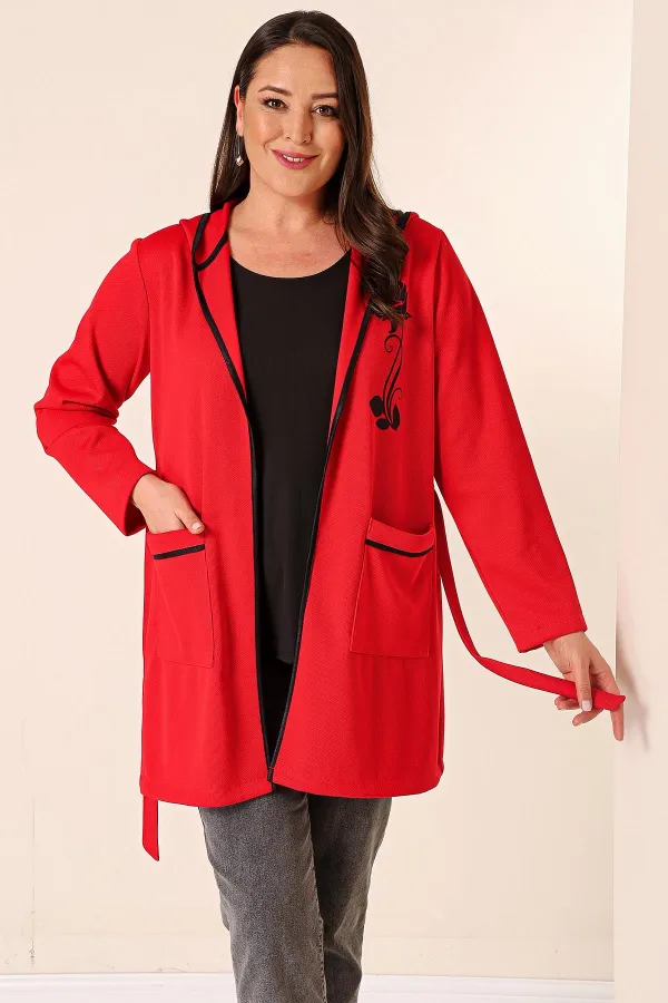 İçi Kolsuz Atletli Kapüşonlu Torba Cepli Kuşaklı Çiçek Baskılı Hırka Büyük Beden 2'li Takım