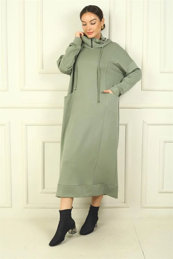Kadın Yaka Fermuarlı Kapüşonlu Torba Cepli Rahat Kalıp Oysho Uzun  Elbise
