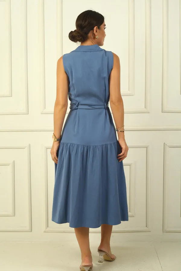 Önü Düğmeli Beli Kuşaklı Uzun Elbise