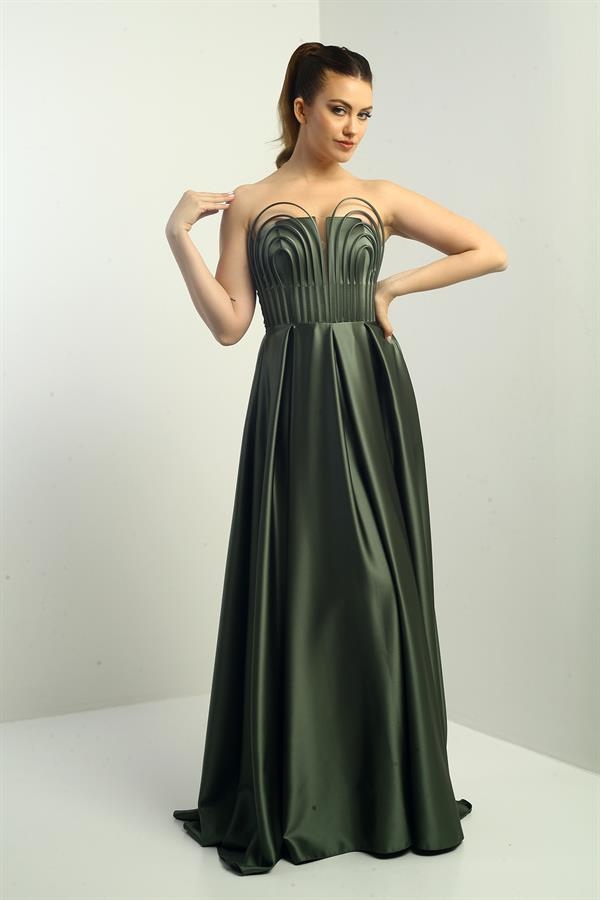 Women's Strapless, Lined, Front Underwire, Flared Long Satin Evening Dress with Pocket