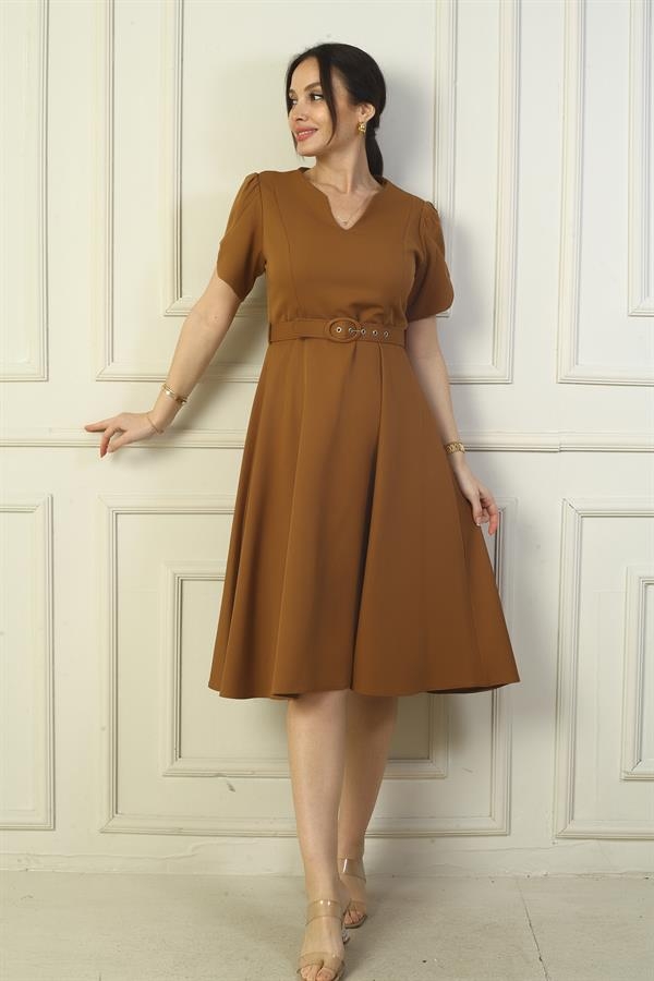 V-Neck Dress with Sleeve Detail and Belted Waist