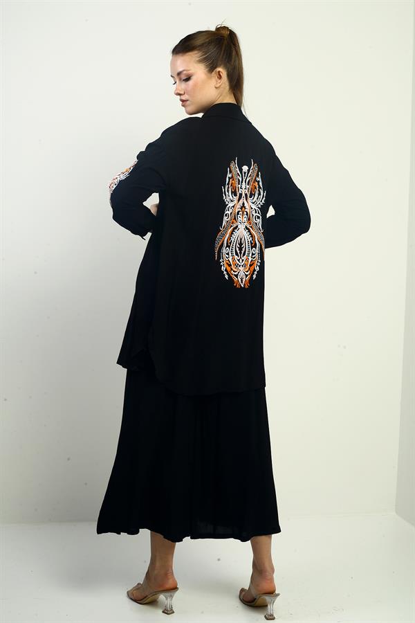 Women's Side Slit Tunic Shirt, Elastic Waist Pocketed Palazzo Pants, Embroidered Oversize 2-Piece Set