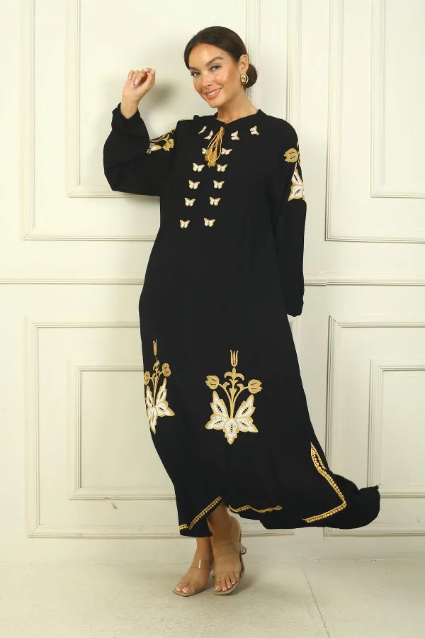 Women's Long Viscose Dress with Neckline, Butterfly Embroidery, and Elasticated Cuffs for a Relaxed Fit.