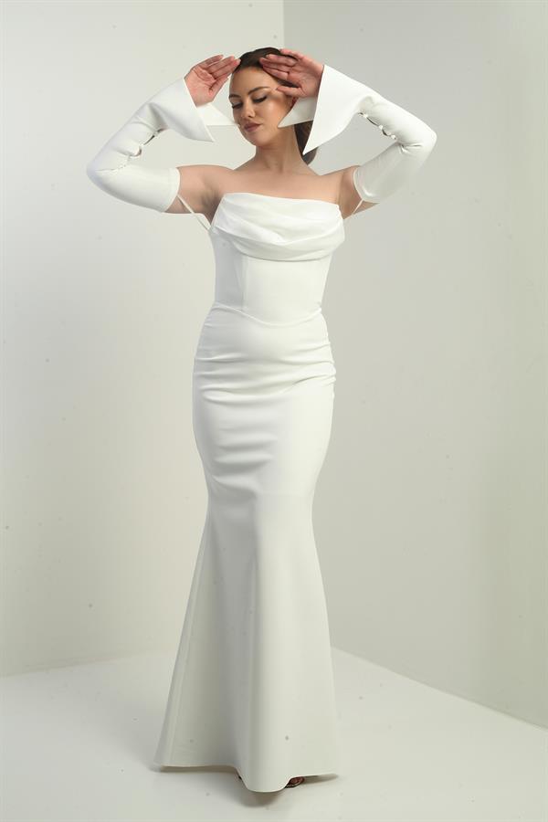 Kadın Straplez Takma Kollu Telalı Astarlı Krep Uzun Abiye Elbise