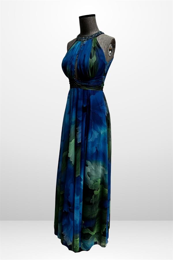 Kadın Önü Drapeli Astarlı Boncuk Detaylı Çiçekli Uzun  Şifon Elbise