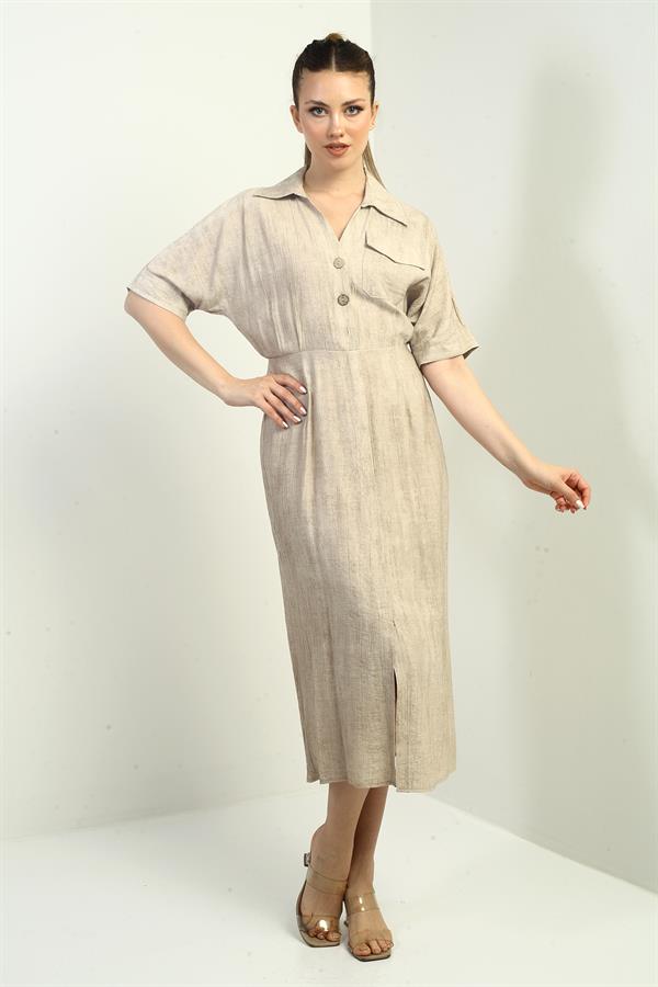 Women's Single Pocket Half-Buttoned Gradient Dress with Front Slit