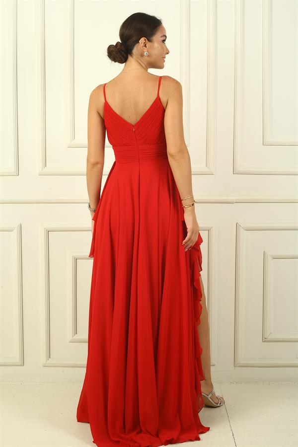 Kadın İp Askılı Yanları Yırtmaçlı Astarlı Volanlı Şifon Uzun Elbise