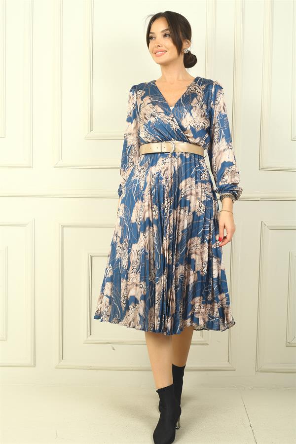 Kruvaze Yaka Astarlı Beli Kemerli Leopar Desen Pileli Saten Elbise