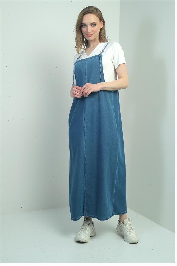 Gilet long en jean à fines bretelles pour femme