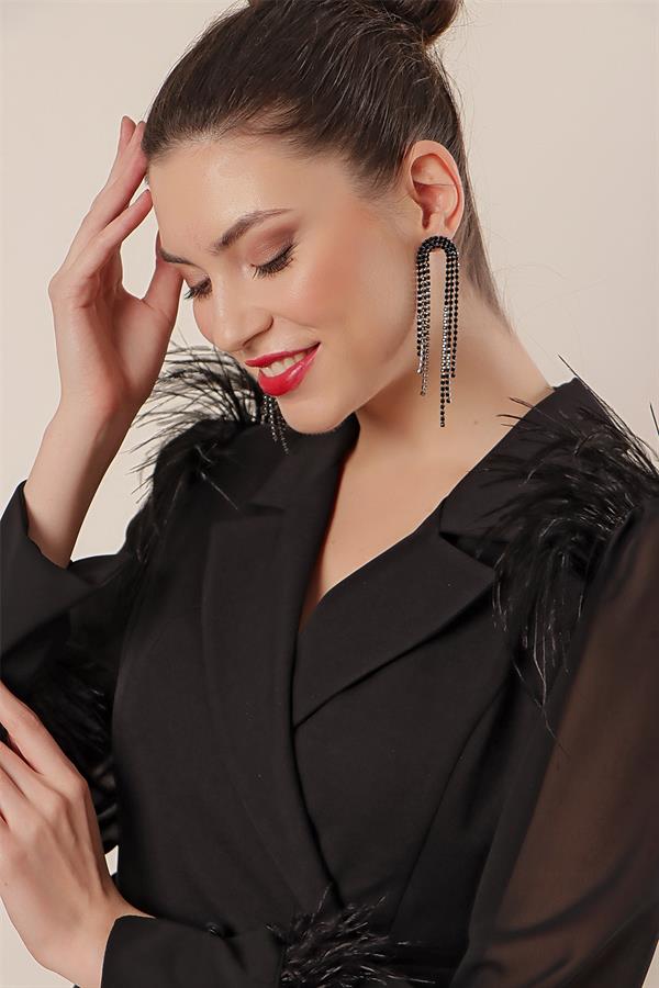 Wrap-neck, belted waist, front slit, chiffon sleeves with cuffs and feather detail, crepe dress.