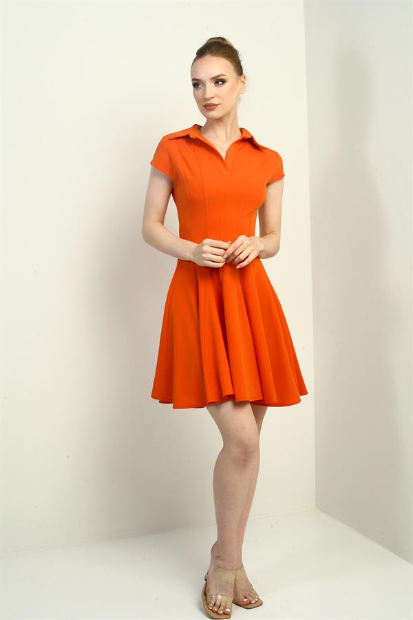 Kadın Polo Yaka Ay Kollu Likralı Kloş Kısa Elbise