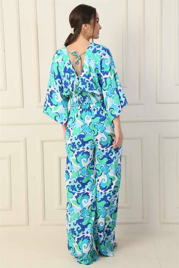 Two-Piece Set of Palazzo Pants with Elastic Waist, Pockets, Front and Back V-Neck, Crop Top, and Ethnic Pattern.