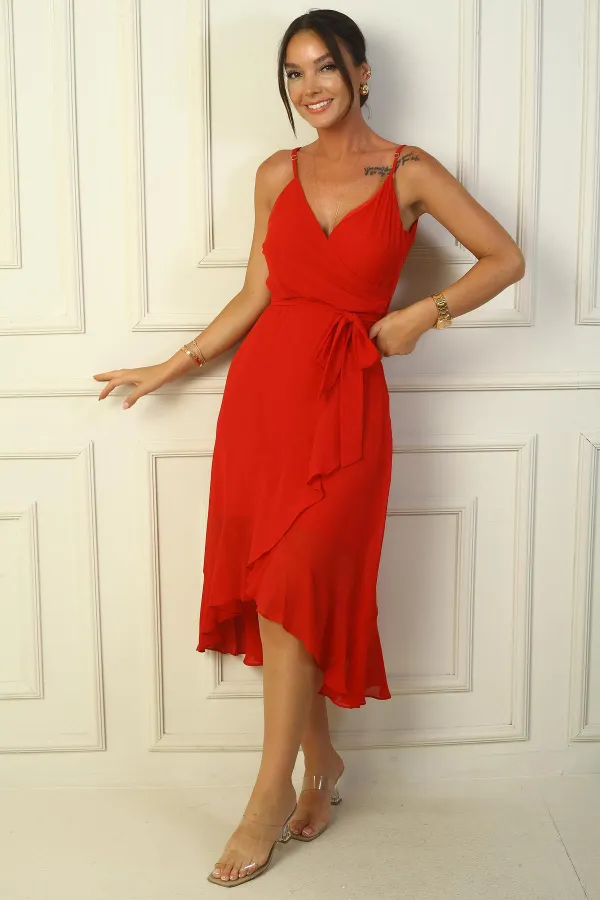 Rope Strap Double Breasted Collar Belted Waist Lined Flounce Chiffon Long Dress