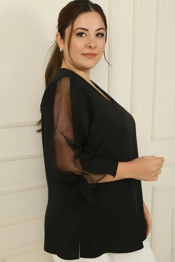 V-Neck Semi-Organza Crepe BB Blouse