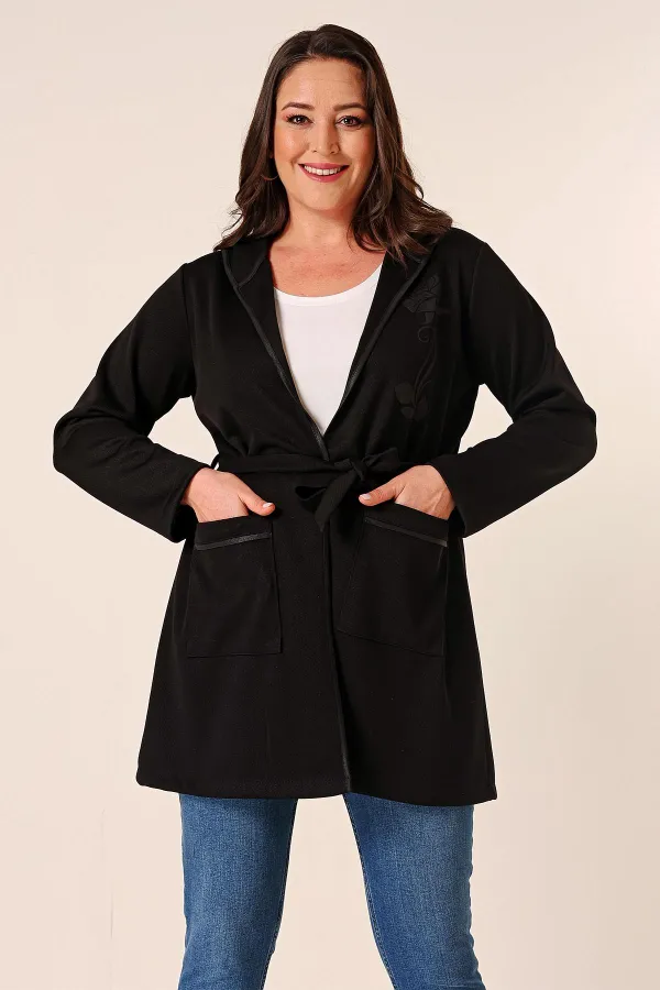 İçi Kolsuz Atletli Kapüşonlu Torba Cepli Kuşaklı Çiçek Baskılı Hırka Büyük Beden 2'li Takım