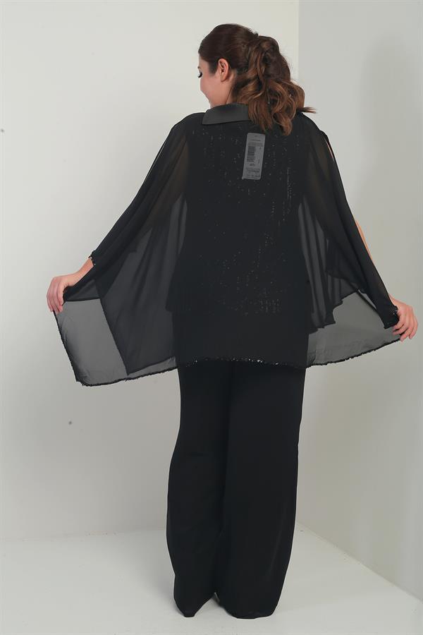 Cape en satin à col et doublure à sequins pour femme, chemisier sans manches, pantalon palazzo, ensemble 3 pièces en mousseline doublée grande taille