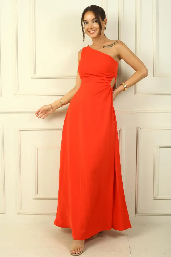 Women's One-Shoulder Long Crepe Satin Dress with Side Window Detail