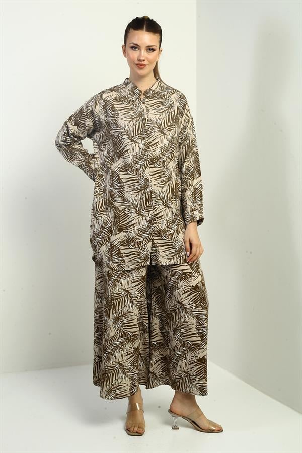 Women's Side Slit Tunic Shirt, Elastic Waist Pocketed Palazzo Pants, Leaf Pattern Oversize 2-Piece Set