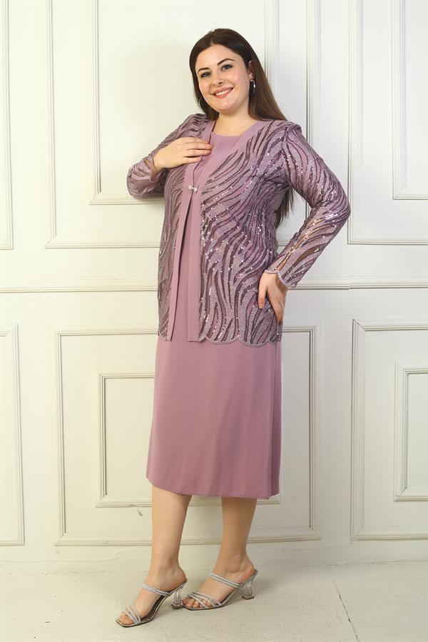 Women's Sequin and Glitter Embellished Tulle Jacket, Long-Sleeved Lined Crepe Dress, Plus Size Two-Piece Set