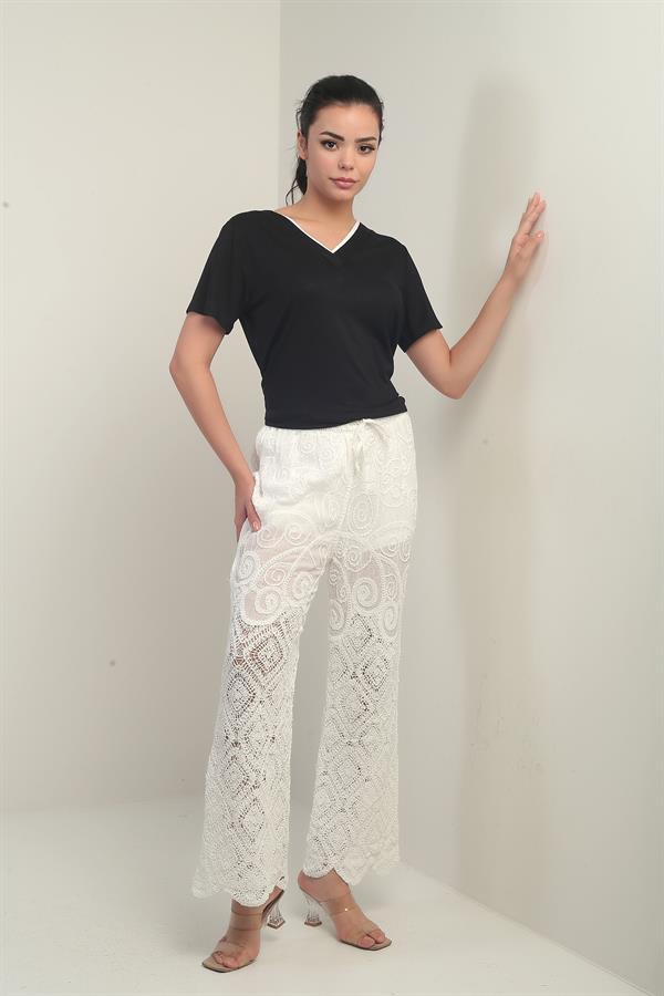 Women's Elastic Waist, Half-Lined, Wide-Leg, Embroidered Trousers