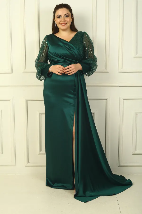 Göğsü Ve Yakası Boncuk İşlemeli Astarlı Büyük Beden Uzun Saten Abiye Elbise