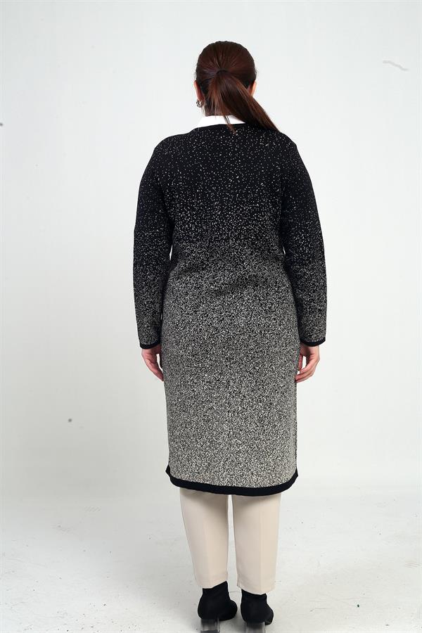 Kadın Karyağdı Desen Cepli Büyük Beden Triko Uzun Hırka