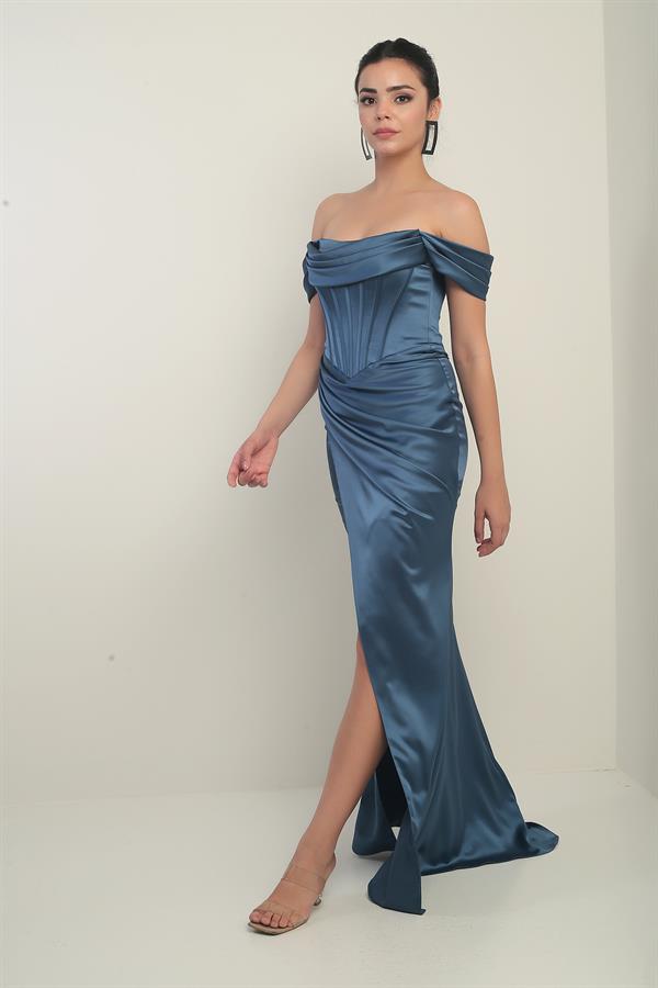 Women's Strapless Low-Sleeve Lined Underwired Satin Long Dress