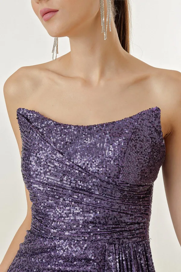 Önü Drapeli Astarlı Straplez Pulpayet Uzun Elbise