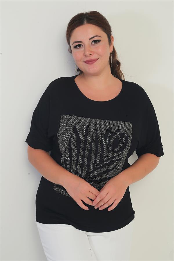 Women's Short Batwing Sleeve Plus Size Blouse with Stone Details and Rose Pattern, Lycra