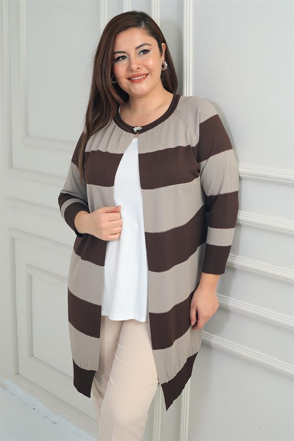 Kadın Enine Kalın Çizgili Büyük Beden Hırka