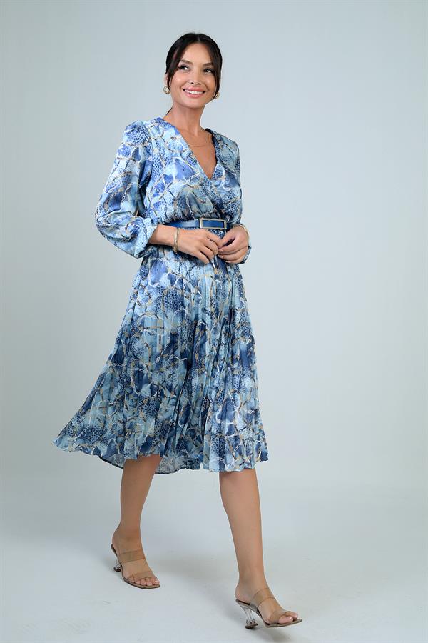 Kadın Kruvaze Yaka Beli Kemerli Astarlı Zincir Desen Piliseli Midi Saten Elbise